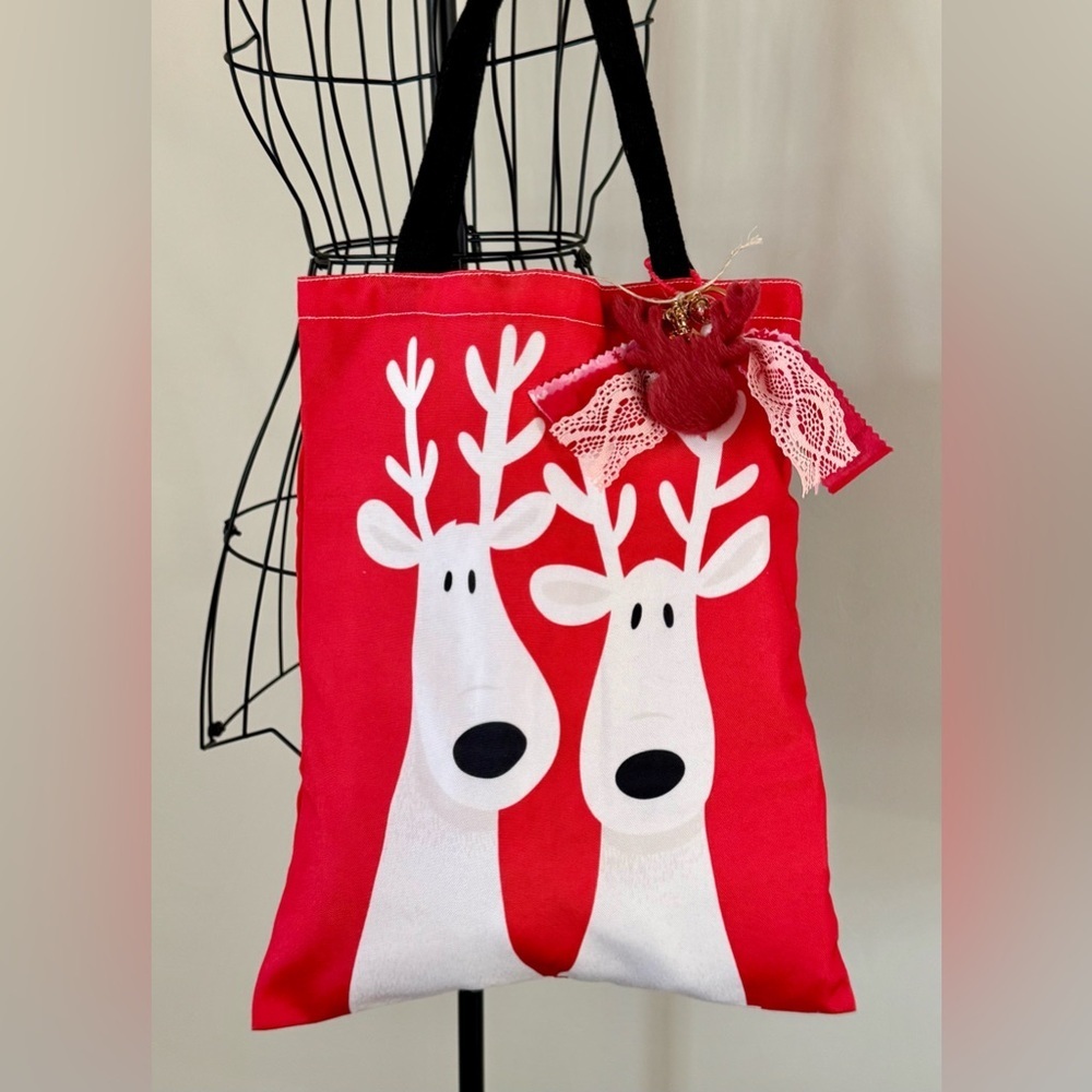 New Red Christmas Reindeer Shopping Tote Bag w/ Reindeer Purse Charm